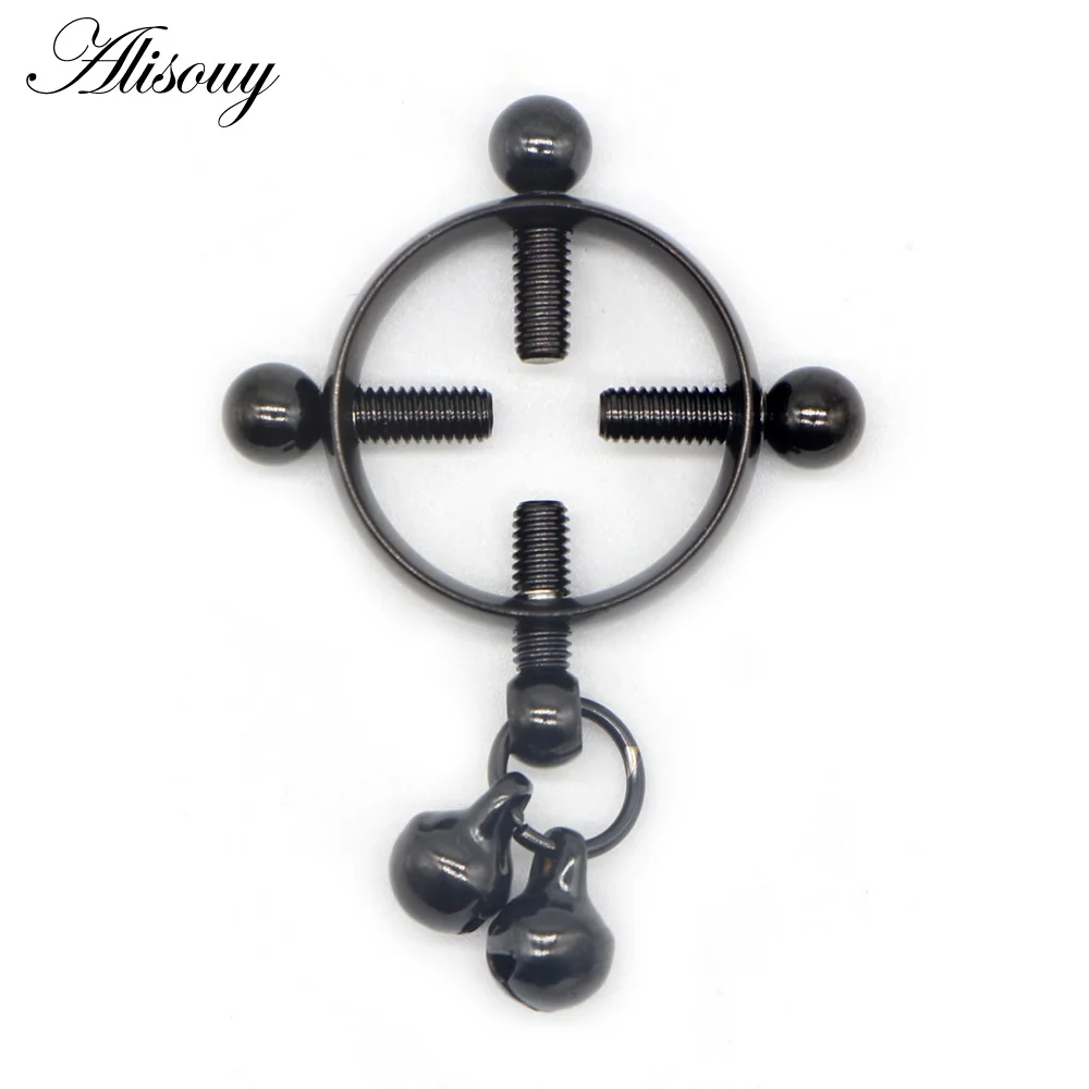 EM0698B Black Alisouy 1PC Women Breast Nail Screw Bell Pendant Round Nipple Ring Shield Body Piercing Jewelry Nickel-free Fake Surgical Steel - Окраска металла: EM0698B Black