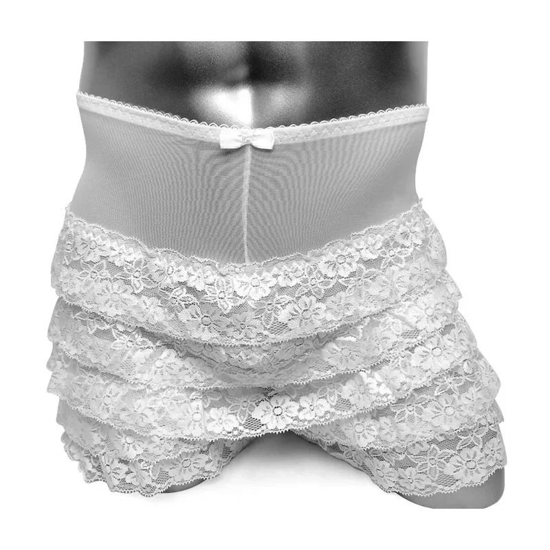 Sheer Mens Lingerie Gay Sexy Homme Sissy See-through Panties Mesh Lace Ruffled Cute Boxer Shorts Male Underwear Underpants