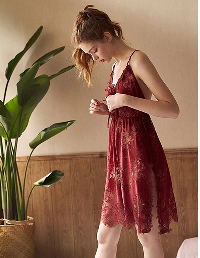 Красный Sexy Lace White Split Night Dress V-Neck Spaghetti Strap Empire Mini Sleepwear Seksi Gecelik 5 Colors Sexy Bathrobe Nuisette - Цвет: Красный