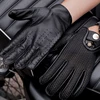 Gants de moto à doigt complet pour hommes et femmes, en cuir véritable noir, pour printemps et été, en maille respirante, en cuir, NR66 ► Photo 1/6