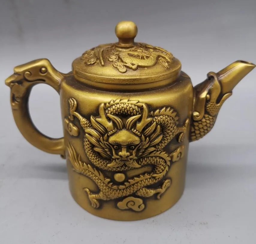 

China brass archaize dragon phoenix teapot crafts statue