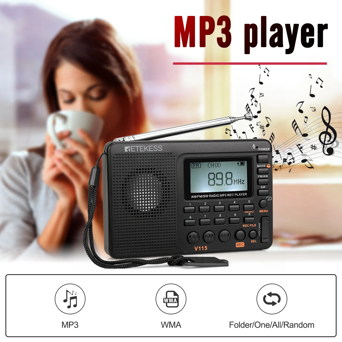 Gravador de Sono Retekess sw Rádio Digital Receptor Portátil Backlight Display Lcd Suporte tf Cartão Rec Tempo V115 fm - am - Image 4
