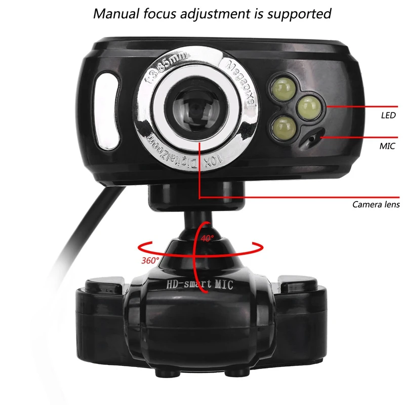A2 светодиодный веб-камера USB веб-камера 360 градусов микрофон клип-на веб-камера для Youtube компьютер ПК ноутбук камера для ноутбука черный