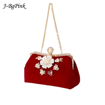 

Female Handbag Red Diamond Pearl Purse Vintage Crystal Velvet Evening Bag Flower Wedding Party Bride Clutch Bag Velvet Purse