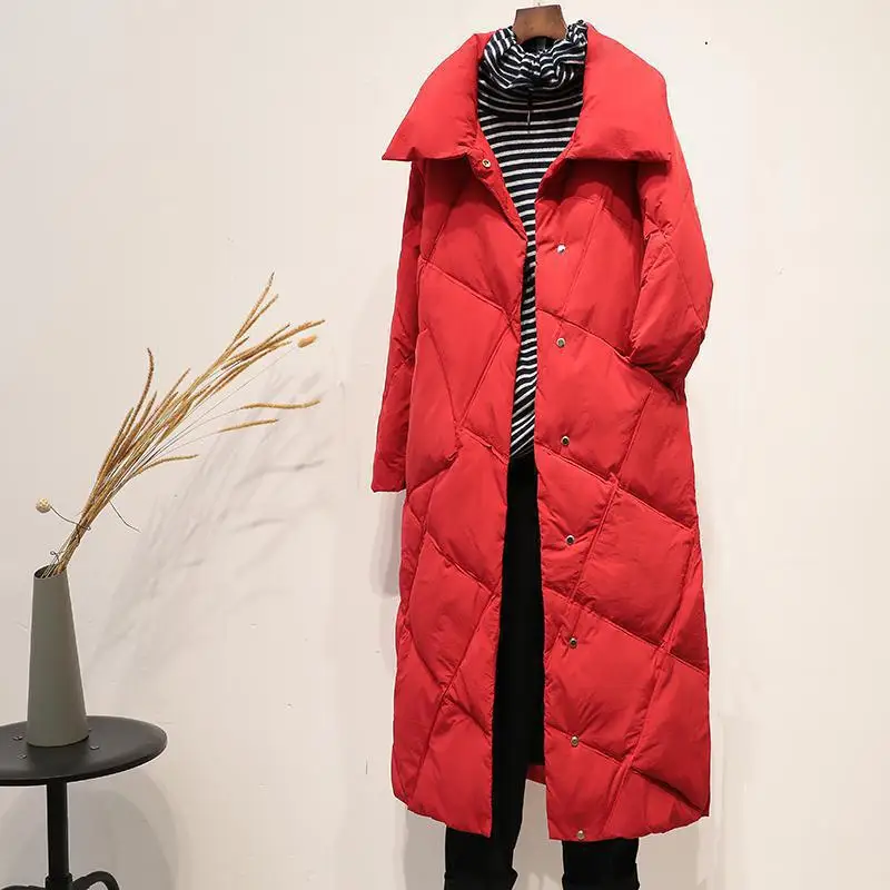 Новая зимняя парка mujer Женская винтажная средняя длинная однобортная белая пуховая куртка Женская Повседневная красная пуховая куртка верхняя одежда