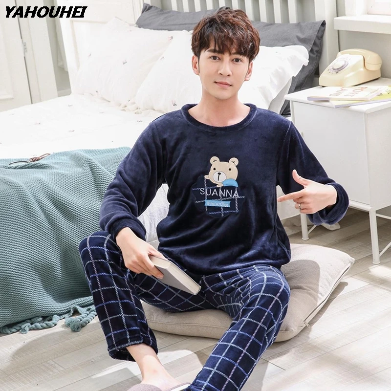 

Cute Cartoon Thick Warm Flannel Pajama Sets For Men 2020 Winter Long Sleeve Coral Velvet Pyjama Male Homewear Loungewear Clothes