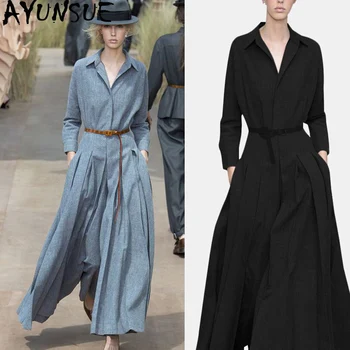 

AYUNSUE Spring Long Shirt Dress Women Fashion Elegant Maxi Dress Long Sleeve Pleated Ladies Dresses Party Vestido 0191 KJ3944
