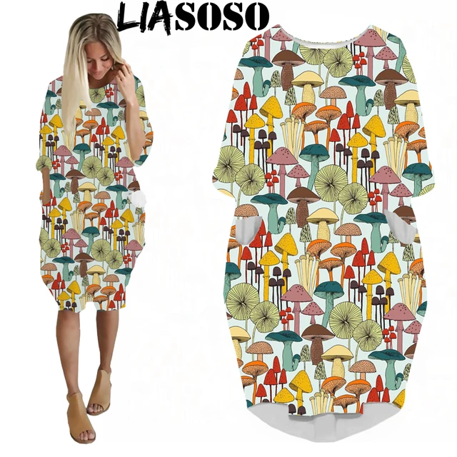 LIASOSO Plant Mushroom Print Sundress Lady Street Interesting Fashion Trend Wild Loose Long Sleeve Over The Knee Dress Women Y2K 06