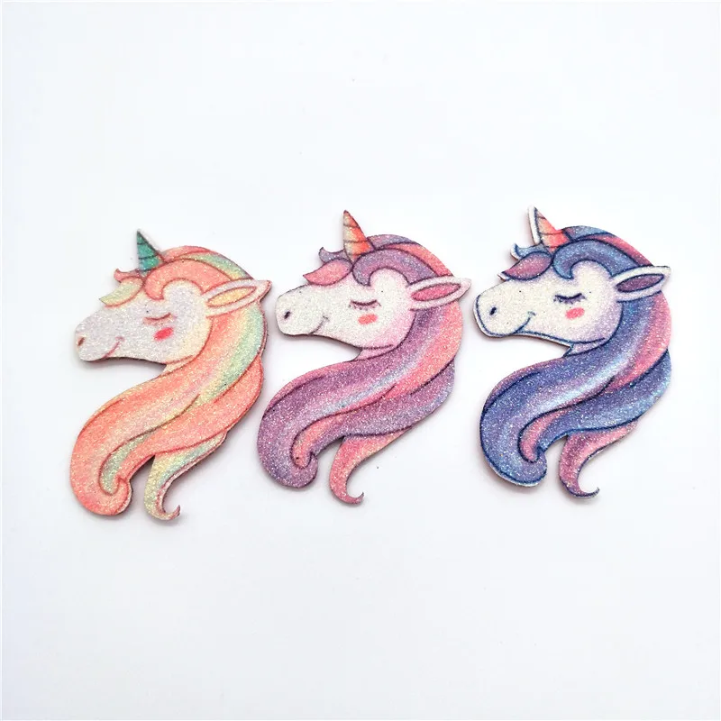 

12pcs/lot 4*6.5cm Glitter Fabric Appliques Colorful Unicorn Padded Patches for Clothes Stickers DIY Hair Clips decoration