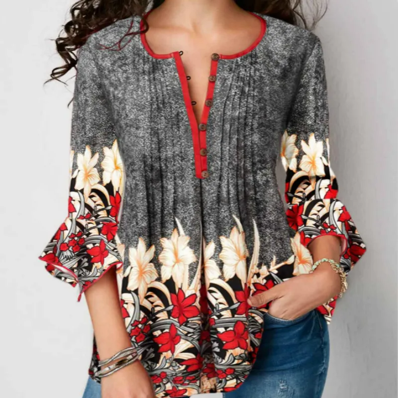  Plus Size Women Shirts Blouses 2019 Summer Fashion Women V Neck Three Quarter Sleeve Floral Print C
