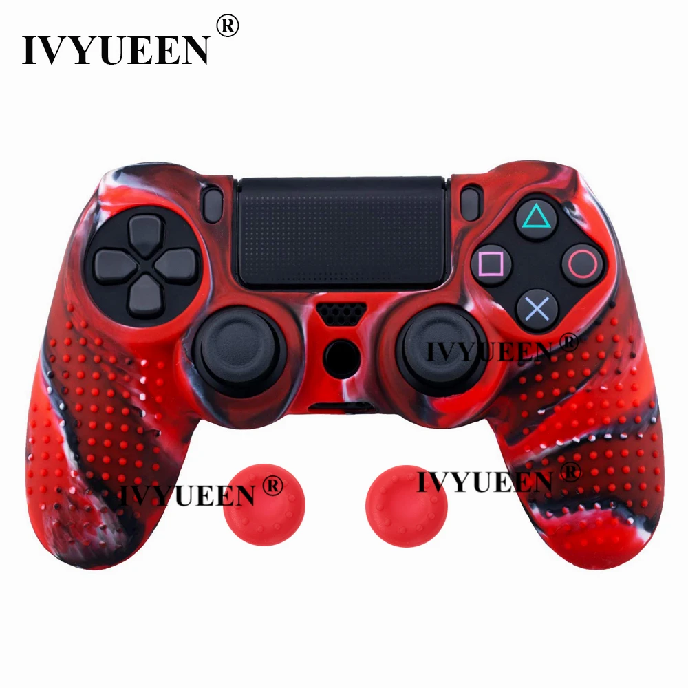 Red Camo Силиконовый чехол IVYUEEN для Dualshock 4 PS4 Pro, тонкий чехол для контроллера и ручки для большого пальца, колпачки для playstation 4, аксессуары для игр - Цвет: Red Camo