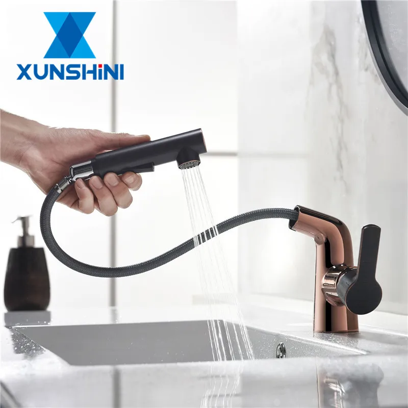 

XUNSHINI Pull Out Bathroom Basin Sink Faucet Single Handle Hot and Cold Water Crane ORB Sink Mixer Tap