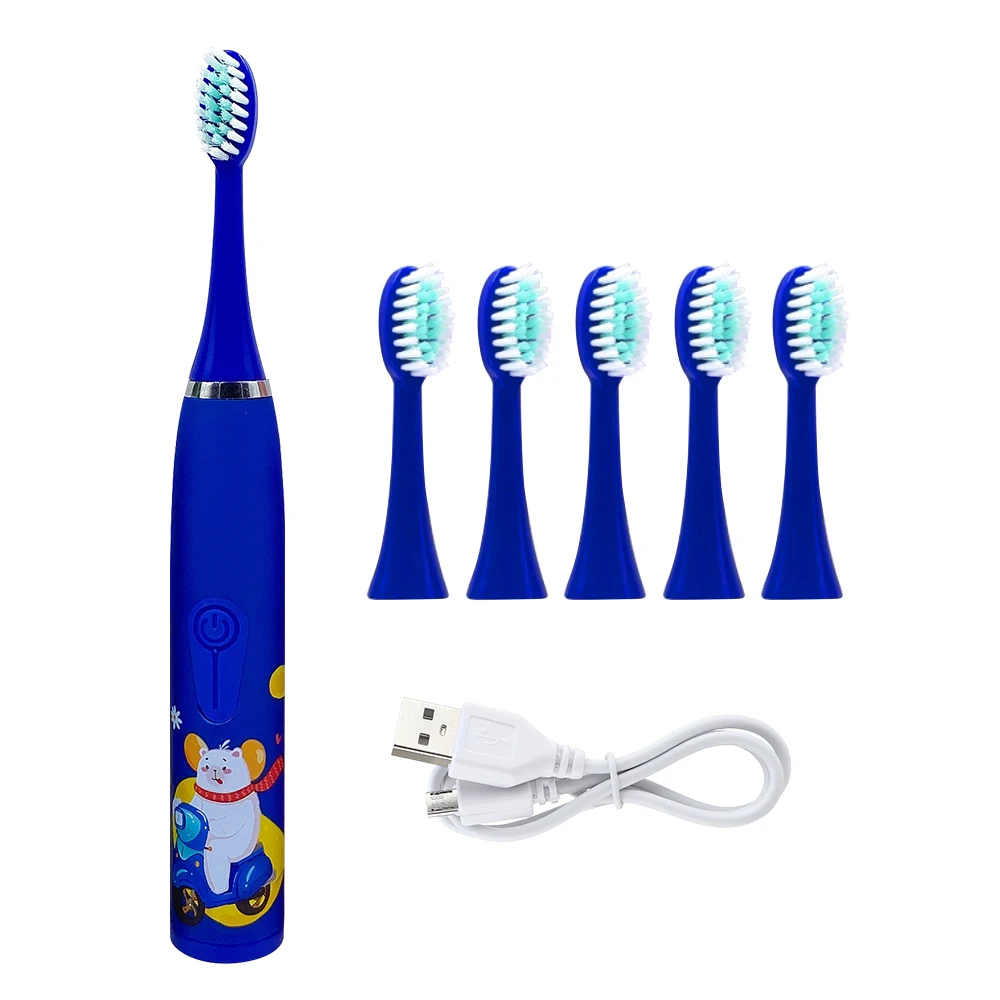 thumbnail image 1 of Cepillo de dientes eléctrico para niños, cepillo de dientes sónico para el cuidado bucal, limpiador de dientes ultrasónico suave con dibujos animados para niños, resistente al agua IPX6, 4 modos, USB, 1 of 5