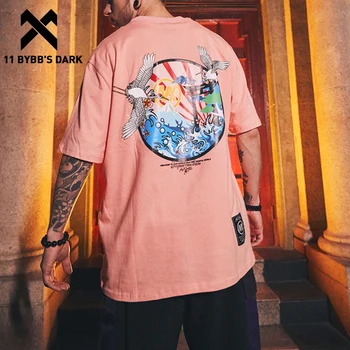 

11 BYBB'S DARK Japanese Style White Crane Print T Shirt Men Streetwear Summer Harajuku Casual Cotton Short Sleeve Male Tops Tees