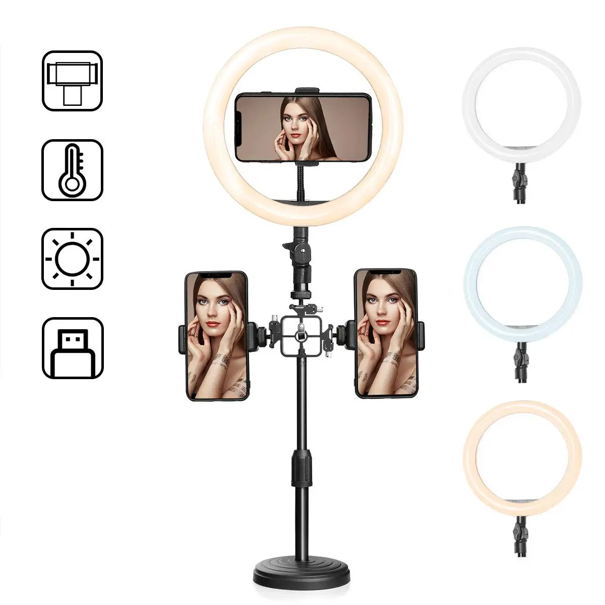 

LED Ring Light with Adjustable Stand&3 Phone Holder,10 inches Dimmable 3 Light Modes & 10 Brightness USB Desktop Beauty Lighting