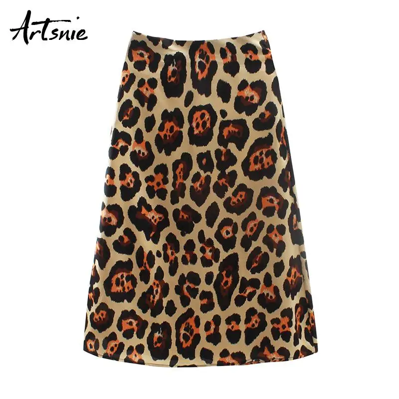 Artsnie уличная леопардовая длинная юбка макси для женщин, осень, высокая талия, Ретро стиль, повседневная, угловая длина, трапециевидная юбка, femme jupe - Цвет: Khaki Leopard