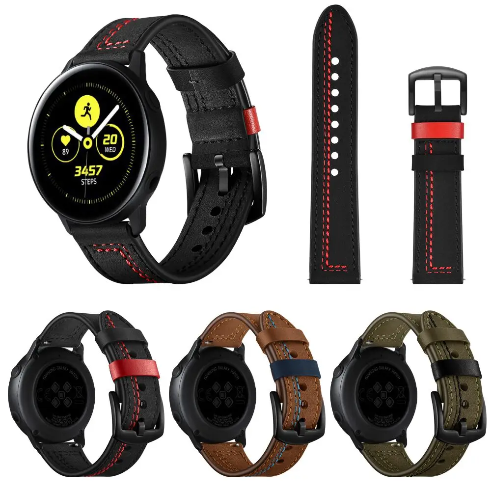 Верхний слой кожаный ремешок для часов 22 мм 20 мм для samsung Watch Active 2 40 мм 44 мм сшивание часы с ремешком на запястье