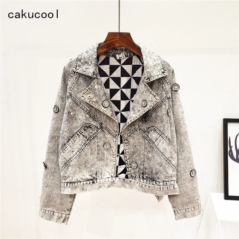 

Cakucool Autumn Women Rivets Punk Denim Jacket Coat Frayed Light Grey Beading Jean Jackets Student Basic Short Coat Outfits Lady