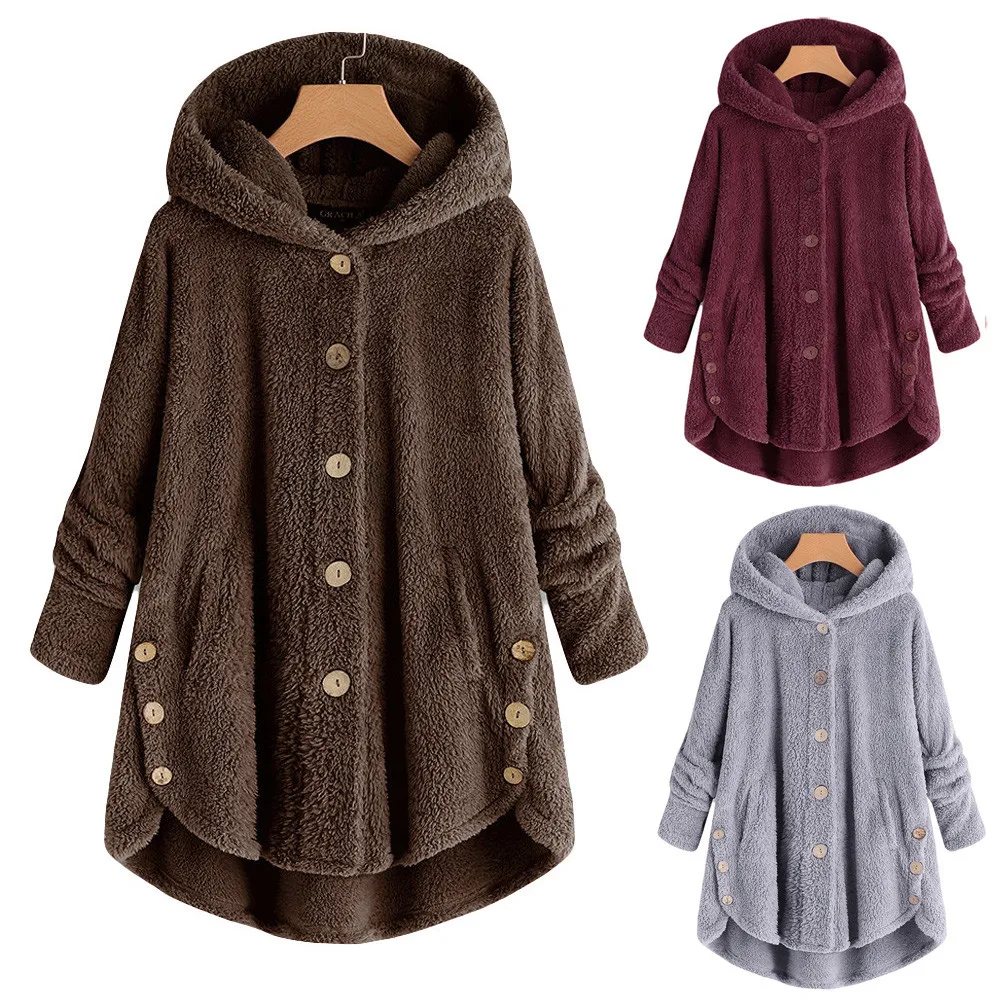 Women New Winter Plus Size S-5XL Button Coat Fluffy Tail Tops Hooded Pullover Loose Oversize Coats Warm Outwear for Fashion