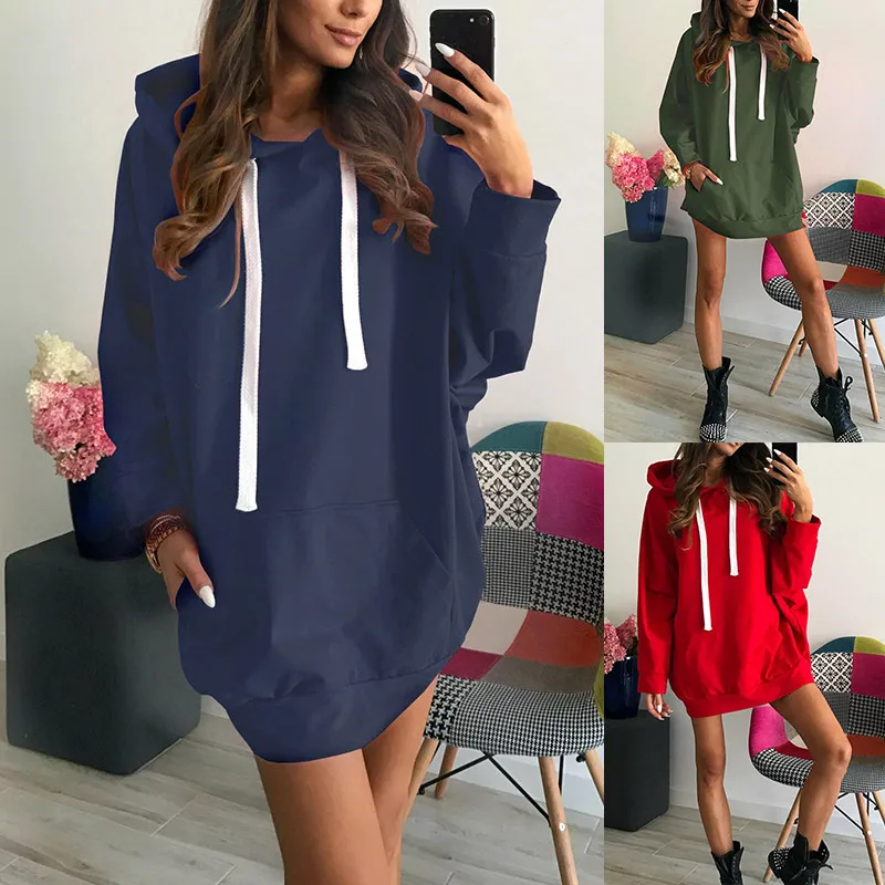 Women Long Hooded Sweatshirt Long Sleeve Solid Color Loose Hoodies Coat ENA88