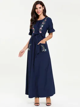 

2020 Summer Embroidery Floral Dress Women Muslim Abaya Dresses Short Sleeve Jubah Kimono Long Robe Dubai Arab Turkey Clothes 4XL