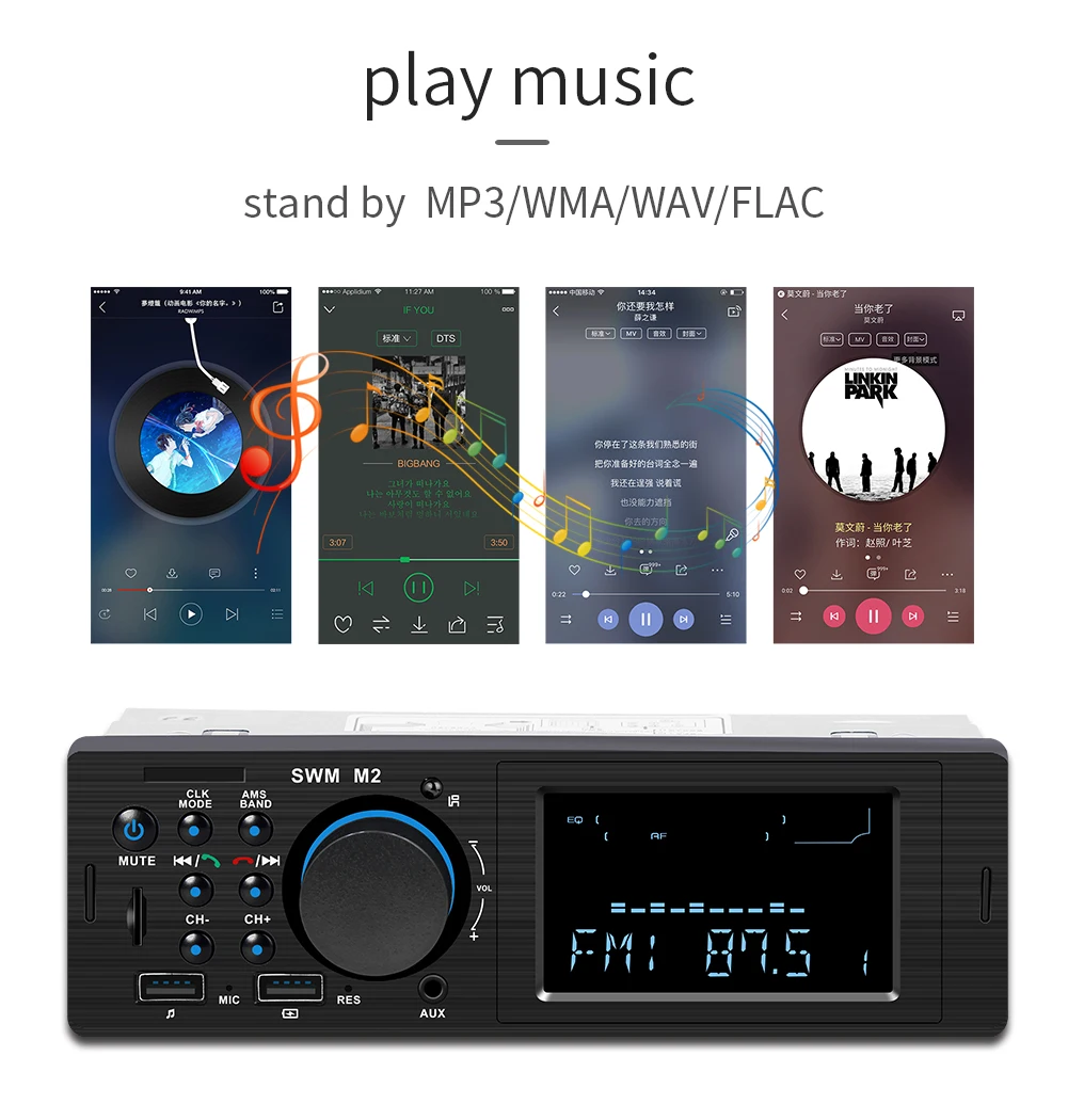 12V Single 1Din Bluetooth Car Stereo Audio In-Dash FM Aux Input Receiver USB TF MP3 Radio Player Autoradio