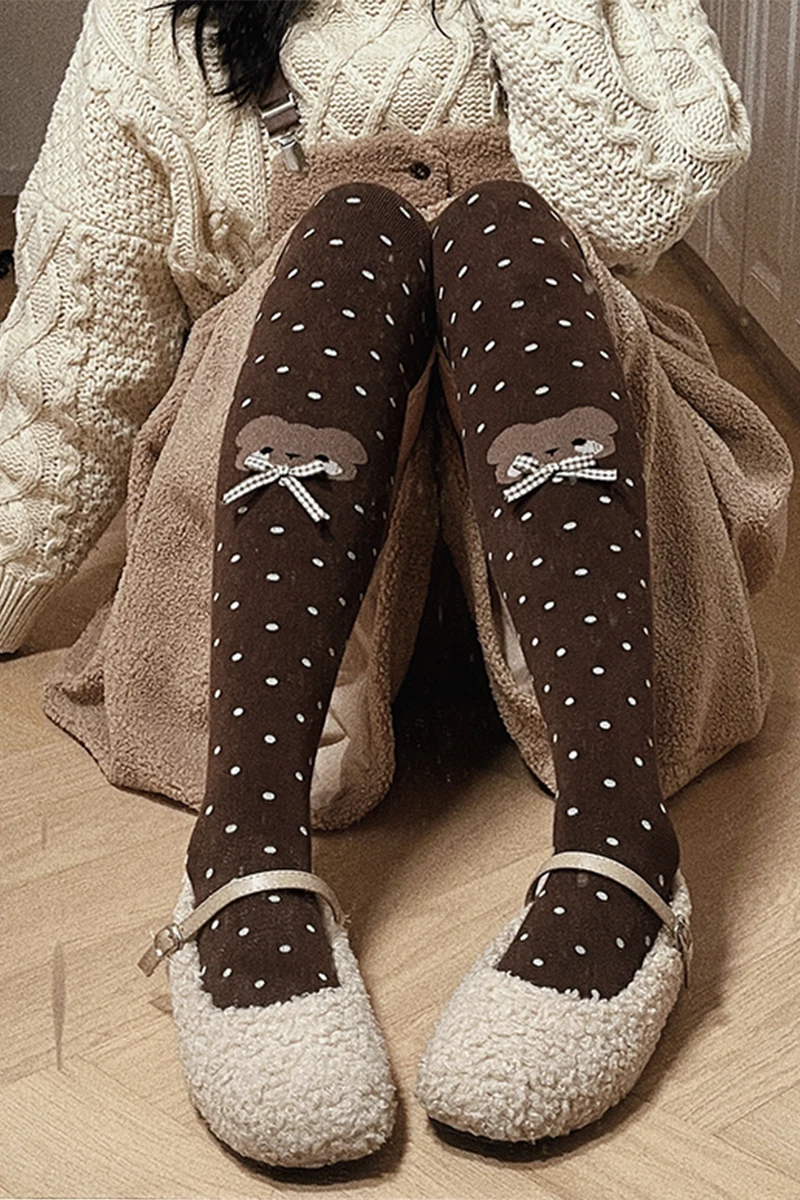 Cotton Socks Women Socks Knee Stockings Little bear bow wave point Lolita socks female qiu dong knee-high socks Lolita Japanese thin leg thick combed cotton stockings