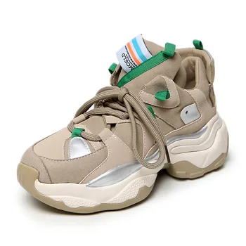 

Women Shoes Genuine Leather Platform Casual Shoes 2020 Spring Autumn New Fashion Lace Color-matching Round Head Design Sneakers