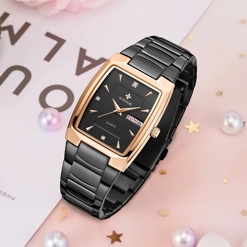 

WWOOR Ladies Wristwatch Rose Black Diamond Watch Elegant Women Watch Square Stainless Steel Quartz Clock Female Relogio Feminino