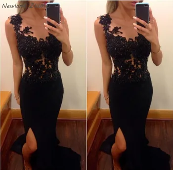 

Newland ZhiMei Black Lace Prom Dresses Real Photo One Shoulder Side Slit Long Party Gown Free Shipping vestidos de gala