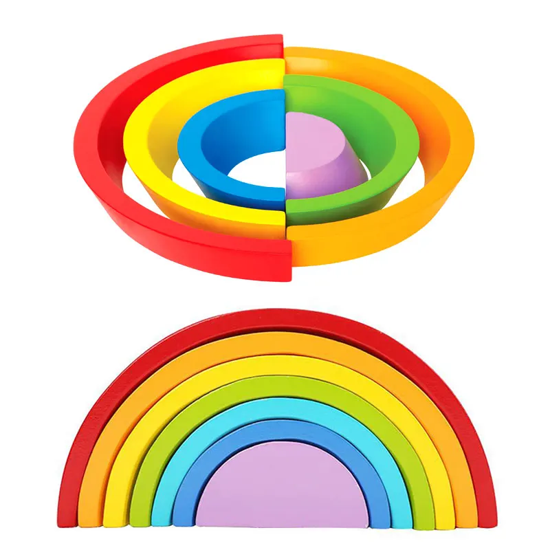 Montessori Wooden Rainbow Puzzle Colored Arch Bridge Assemble / educational / Toy Building Blocks Set Shapes Sorting Preschool