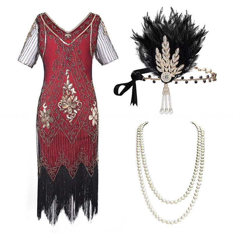 red-gold-set Женские 1920s размера плюс Great Gatsby Хлопушки блесток бисера платье с ревущими 20s аксессуары набор для вечерние - Цвет: red-gold-set