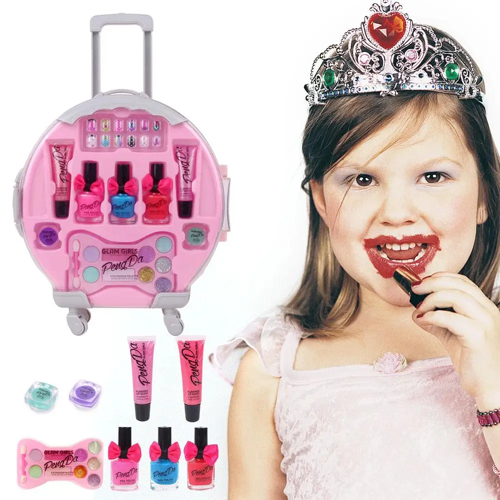 Kids Makeup Set DIY Hand Drag Box Makeup Toys Girl Pretend Play Toys With Lipstick For Children