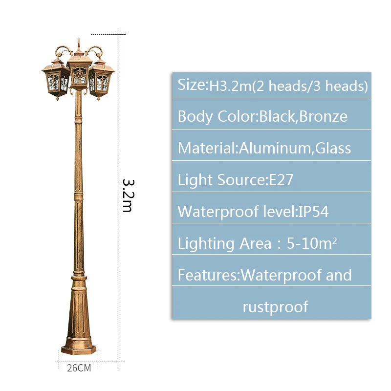 3.2m Outdoor Waterproof Garden Lamp Square Villa Courtyard High Pole Street Lights European 2/3 Heads LED Landscape Road Lamp