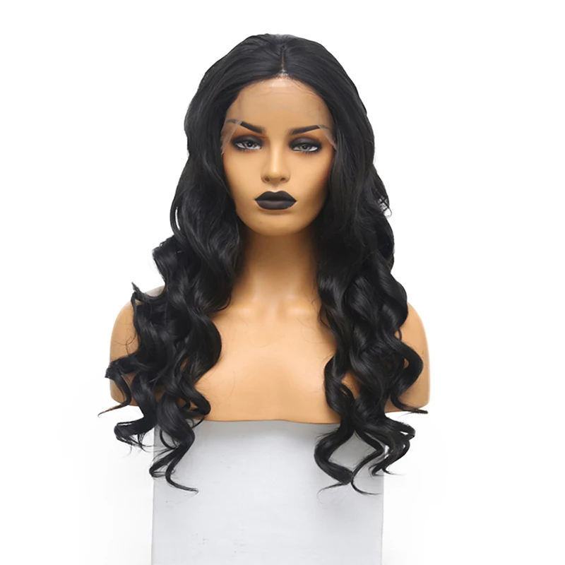 

RONGDUOYI Black Deep Wave Long Synthetic Lace Front Wigs for Women Middle Part High Temperature Heat Resistant Fiber Hair Wigs