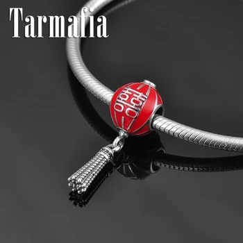 

DIY gift 925 Sterling Silver red enamel Bead Chinese Double happiness lantern Pendant Fit Women Charm Bracelet Jewelry Making