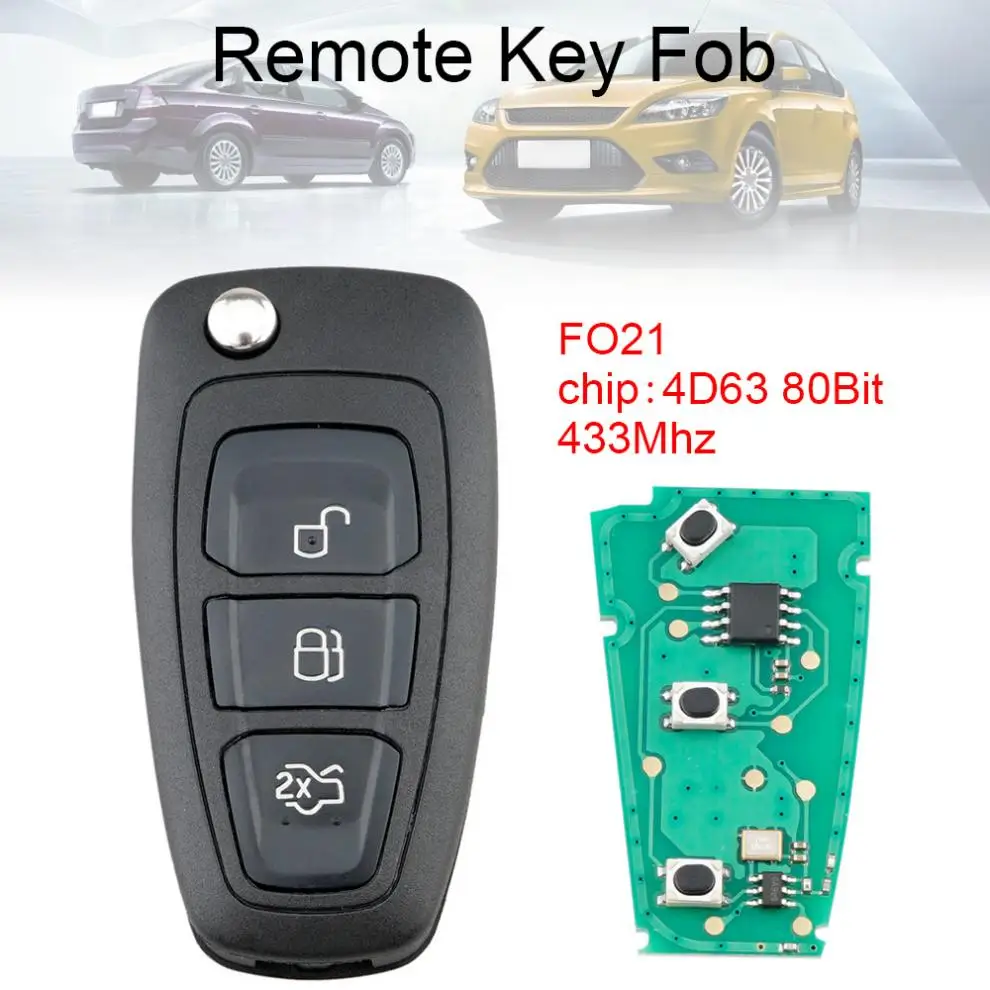 

433Mhz 3 Buttons Flip Remote Key Fob with 4D63 80Bit Chip and F021 Blade Fit for Ford / Focus / Mk1 / Mondeo New