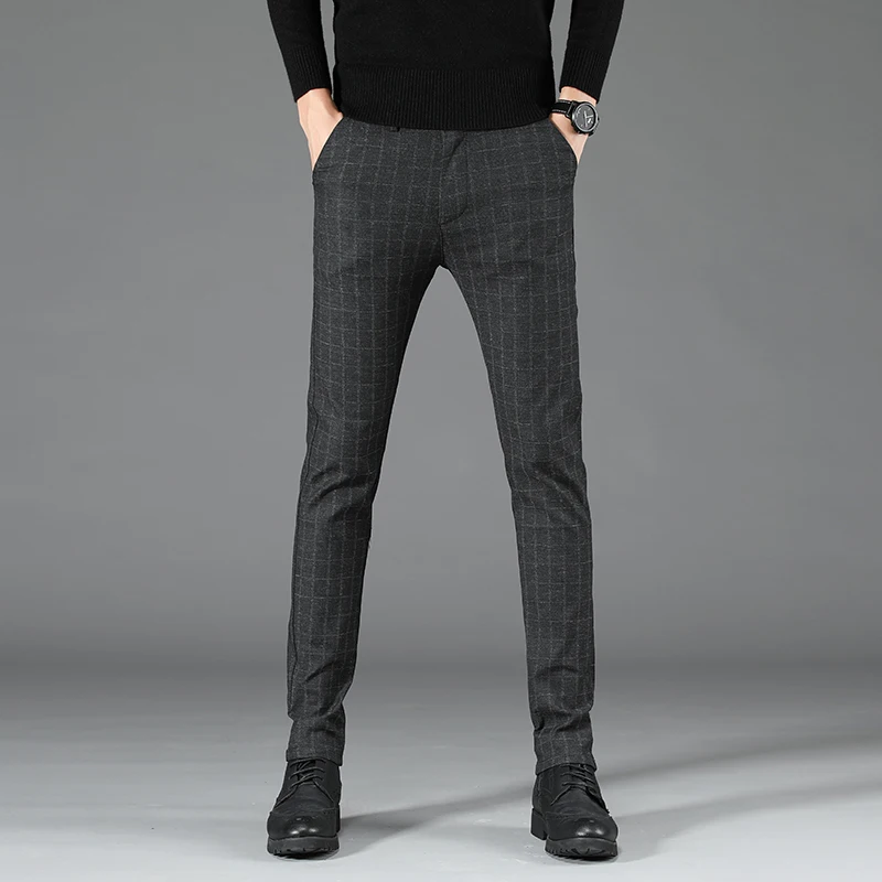 Men Dress Plaid Stretch Fabrics Business Casual Slim Skinny Suit Pants Autumn Man Vintage Lattice Stretch Homme Formal Trousers