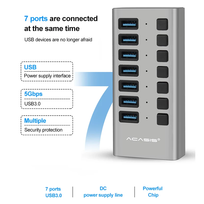 Usb-хаб 3,0 высокоскоростной 7 порт USB 3,0 концентратор разветвитель вкл/выкл с ЕС/США адаптер питания для MacBook ноутбука ПК