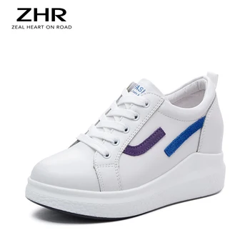 

2020 Autumn Women Sneaker Causal Shoes Chunky Genuine Leather Sneakers Platform Lace Up Thick High Heels Shoes Wedges White