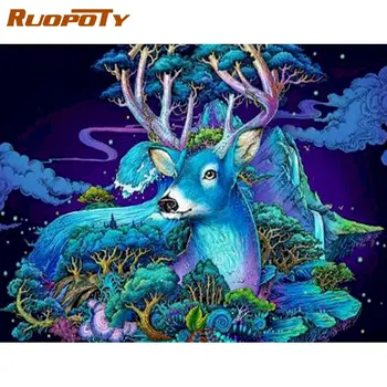 

RUOPOTY Blue Sika Deer Animal Picture By Number DIY Framed Painting By Numbers Coloring On Canvas Living Room Decor Oil Paints