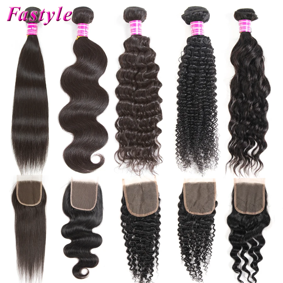 Human Hair Extension Weave Bundles Straight Body Natural Deep Water Wave Kinky Curly 3 4 Bundles Remy Hair With 4x4 Lace Closure