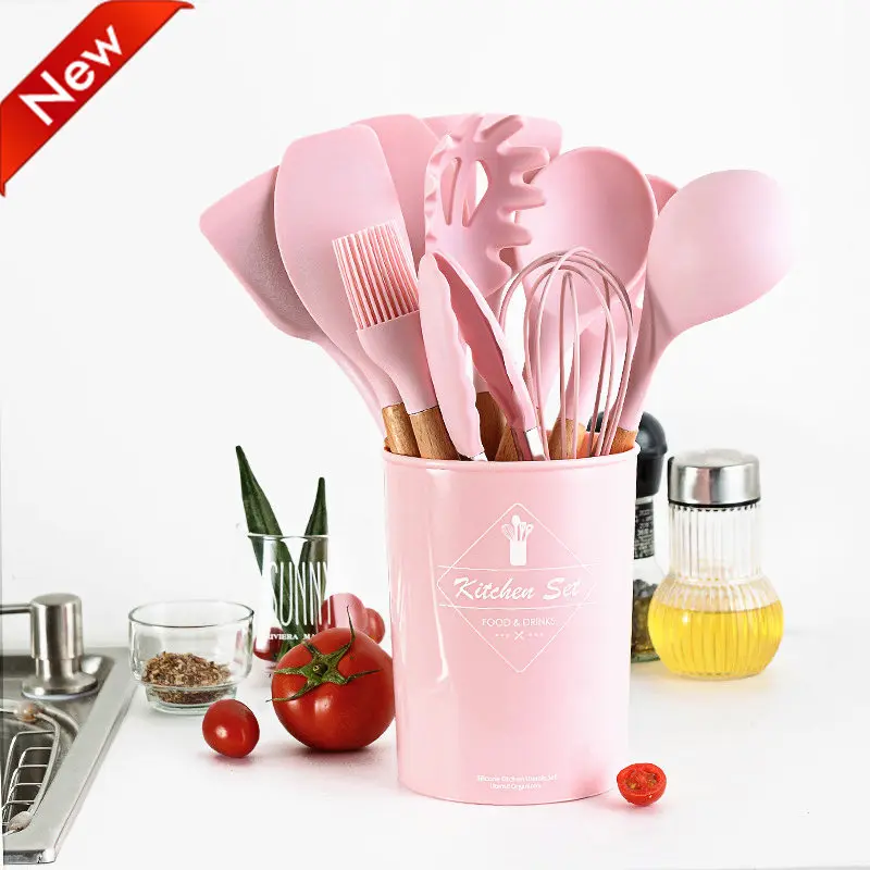 

9/10/12PCS Silicone Cooking Utensils Set Non-stick Spatula Shovel Wooden Handle Cooking Tools Set With Storage Box Kitchen Tools