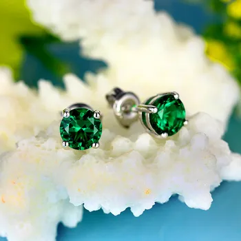 

Cute Female 8mm Round Emerald Green Stone Earrings Sterling Silver Wedding Earrings For Women Vintage Double Stud Earrings