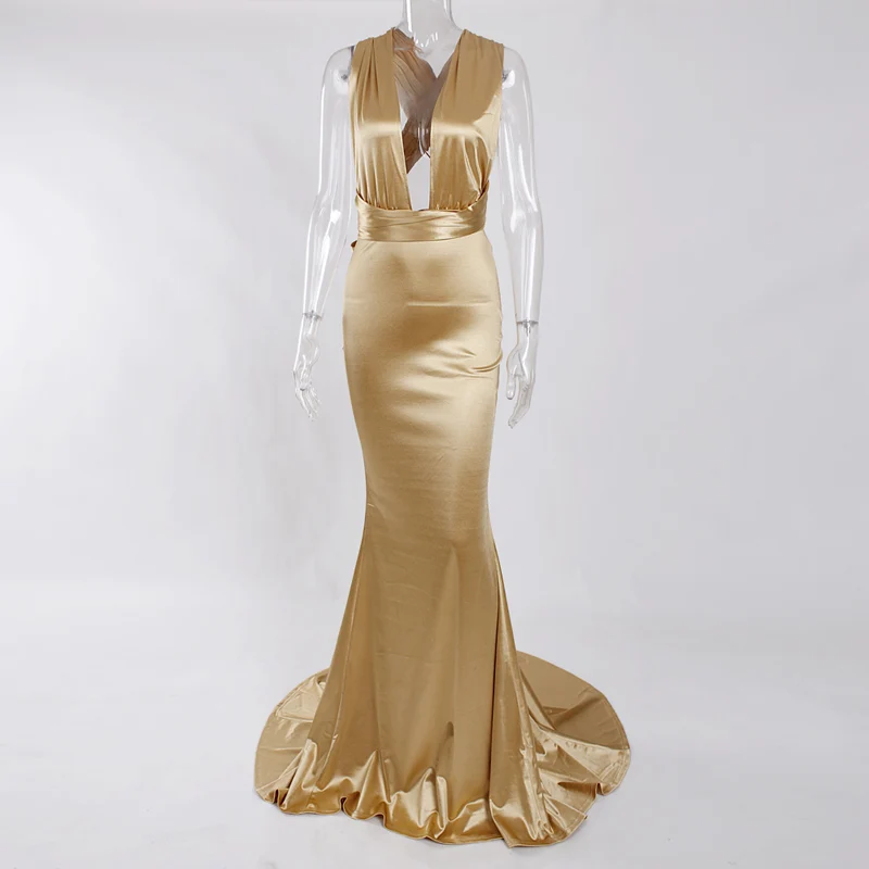 Платье в пол с v-образным вырезом, элегантное вечернее платье с открытой спиной, блестящее Золотое бордовое эластичное атласное платье, облегающее платье - Цвет: Золотой