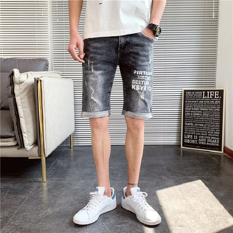 Pantalones cortos vaqueros verano 2020 para hombre, vaqueros cortos ajustados elásticos de algodón, cortos hasta la negros con estampado informal para hombre|Pantalones vaqueros| - AliExpress