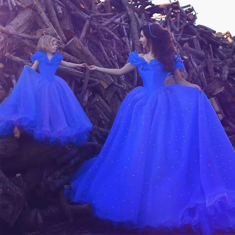 same as picture Королевские синие платья на выпускной для мамы и дочки вечерние платья Жемчуг 3D Цветы вечернее платье без Плеч платья Длинные Vestidos - Цвет: same as picture