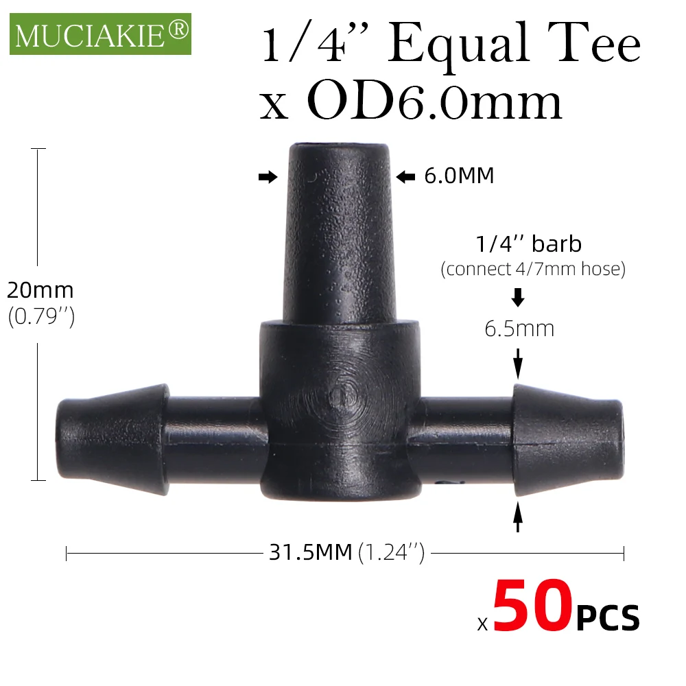 MUCIAKIE 50PCS Barb Tee Piece 3 Way 4/7mm Connector Garden Watering Pipe Hose T Joint Micro Drip Irrigation Tool 1/4'' Couplings 