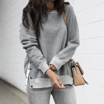 

New Womens Hoodies Button Casual Pullovers 2019 Autumn Winter Warm Woman Round Neck Long Sleeve Side Split Sweatshirt