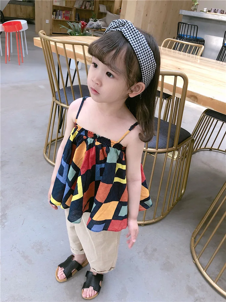 Summer New Style Children Geometry Dungaree Shirt Korean-style Fashion Casual Sleeveless Vest Tops Fashion A01